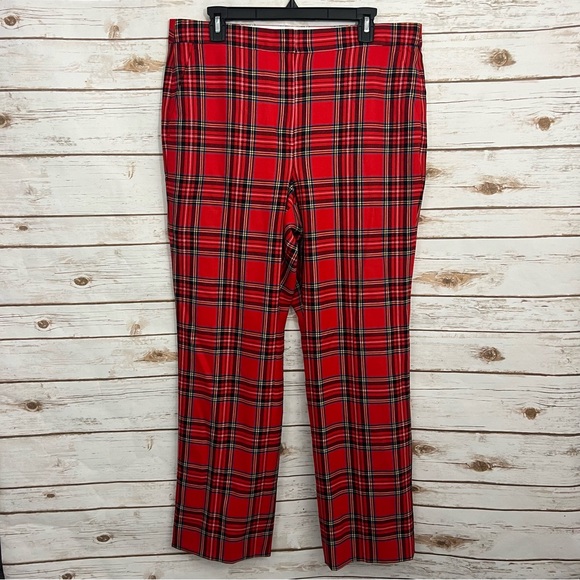 J Crew Red Plaid Full Length Straight Leg Bi-stretch Wool Blend Pants - Picture 2 of 8